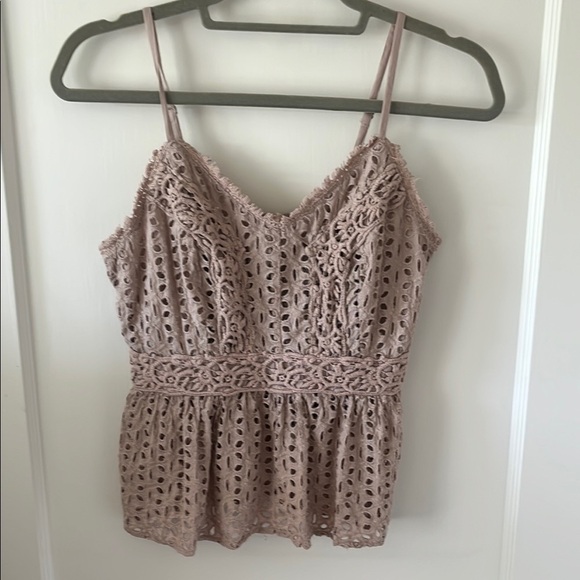 JAPNA tan cotton eyelet Elegant Sleeveless Top smocked back babydoll M coquette - Picture 2 of 6